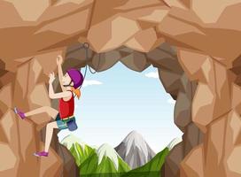 Rock climbing scene with woman climbing rock vector