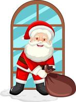 Papá Noel con una bolsa grande junto a la ventana vector