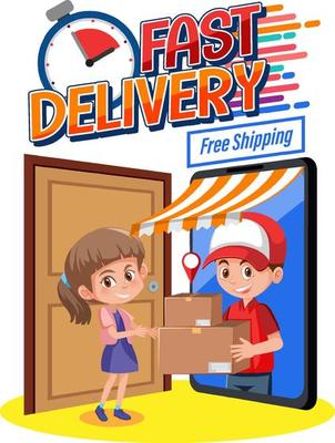 Fast Delivery wordmark with courier delivering packages