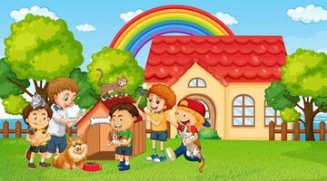 Park scene with children playing with their animal pets vector