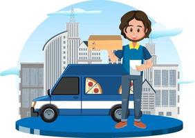 Pizza delivery man cartoon character on white background