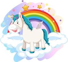 A unicorn standing on a cloud with rainbow vector