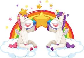 Two cute unicorns sitting on clouds with rainbow vector