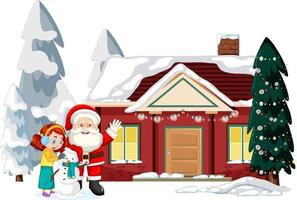 Snow covered house with Santa Claus and Christmas decorated trees