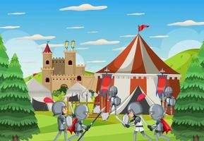 Medieval army camp scene with armour warriors vector