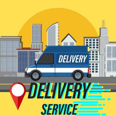 Delivery Service banner with panel van in the city