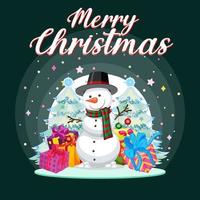 diseño de cartel de feliz navidad con muñeco de nieve y regalos