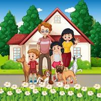 Outdoor scene with happy family and dogs vector