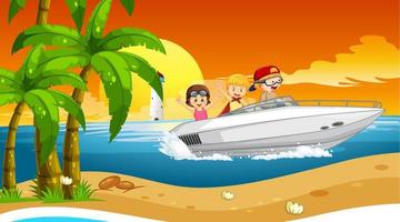 Ocean wave scenery with children on a boat vector