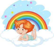 Angel boy lying on a cloud with rainbow in the sky vector