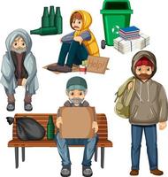 Set of homeless man in different poses vector