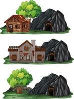 Conjunto de diferentes casas abandonadas con cueva de roca. vector