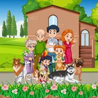 Outdoor scene with happy family and dogs vector