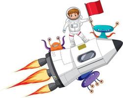 An astronaut on rocketship with aliens in cartoon style vector