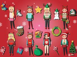 Different cartoon characters wearing Christmas outfits vector