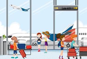 Airport terminal scene with passengers vector