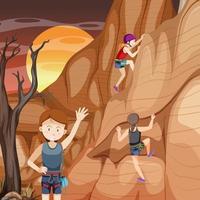 Scene with people climbing rocky moutain vector