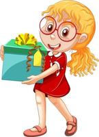 A girl holding a gift box cartoon character on white background vector