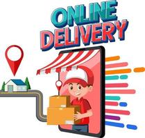 Online Delivery logotype with courier and location pin vector