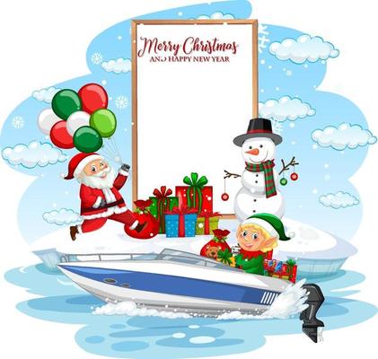 Empty banner with Christmas elf delivering gifts by a boat