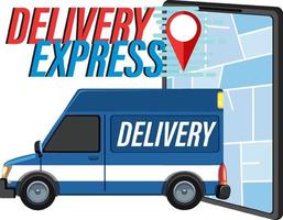 logotipo de delivery express con pin de ubicación y furgoneta de panel vector