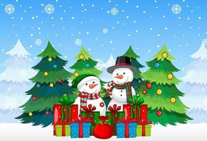 Snowman with many gift boxes on snowy blue background vector