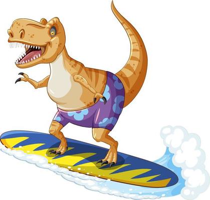 Tyrannosaurus rex dinosaur on surfboard in cartoon style