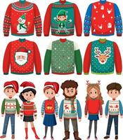 conjunto de personas que usan suéteres navideños vector