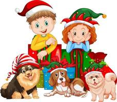 Children and dogs in Christmas costumes vector