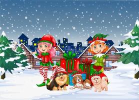 Snowy winter night with Christmas characters vector