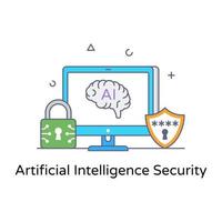 Lock with brain denoting flat outline icon of artificial intelligence security vector