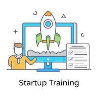 Rocket inside monitor, startup training flat line concept icon vector