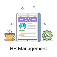 Online cv with teacup, flat vector of hr management