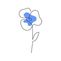 una sola línea continua de flor de primavera pensamiento con color azul vector