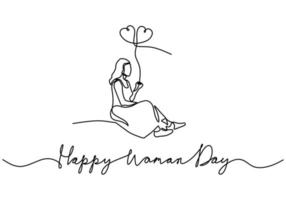 One continuous single line of happy woman day with girl hold balloons vector