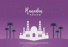 Ramadan kareem with big mosque and plants on purple background vector