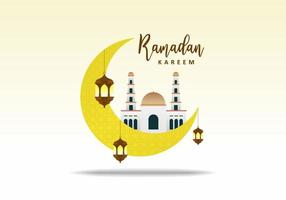 Ramadan kareem with yellow moon, big mosque and brown lantern. vector