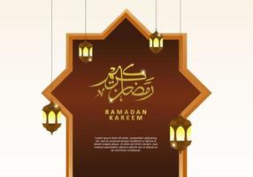 ramadan kareem ornamento islámico marrón, caligrafía dorada y linterna vector