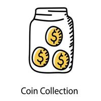 Coins inside jar denoting doodle icon of coin collection vector