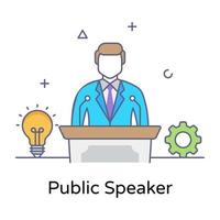 A person on rostrum representing him as a public speaker, flat line concept icon vector