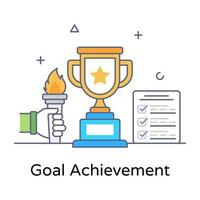 Conceptual flat outline icon denoting goal achievement, trophy with fire torch vector