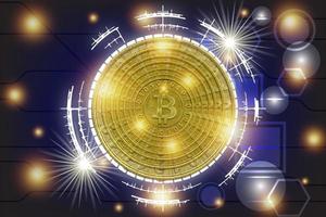 Golden Bitcoin on technology background. New virtual money. Cryptocurrency. Creative artwork decoration. photo