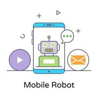 Mobile robot in flat outline icon, editable vector