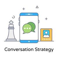 Chat bubbles inside smartphone with chess pawn showcasing conversation strategy icon vector