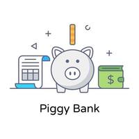 Piggy bank in flat outline style, savings or accumulation of money vector