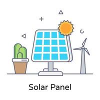 Solar energy resource icon in flat outline design, solar panel vector