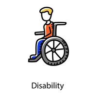 Disability in doodle trendy editable icon, man on wheelchair vector