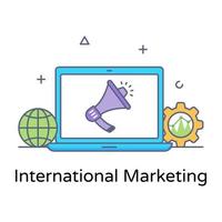 Megaphone inside laptop with globe, international marketing icon vector