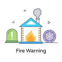 Fire warning in flat outline style icon, flame warning vector