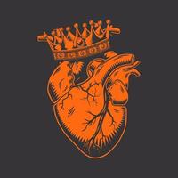 King heart anatomically hand drawn line art. vintage Flash tattoo or print design vector illustration.